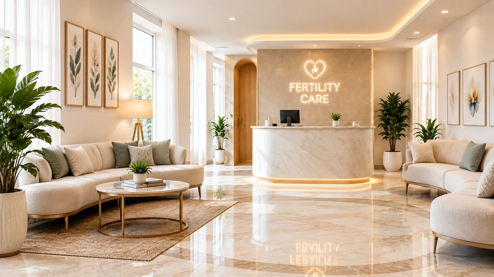 A bright, calm fertility clinic reception with soft seating and a glowing ‘Fertility Care’ sign above the desk.