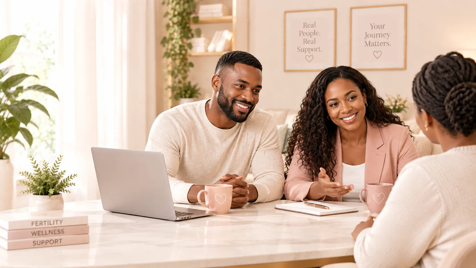 A smiling couple sitting across a table from a client, talking warmly, with a laptop, notebook and mugs in front of them.