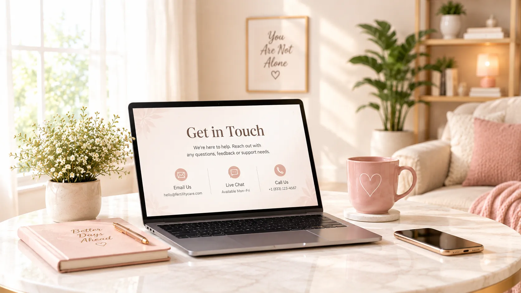 A laptop showing a Get in Touch page on a marble table, beside a vase of gypsophila, a notebook, a heart mug and a phone.