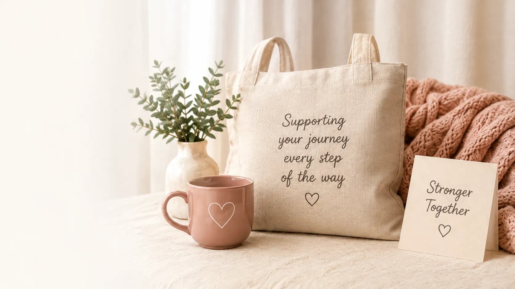 A canvas tote bag embroidered ‘Supporting your journey every step of the way’, beside a heart mug and a ‘Stronger Together’ card.