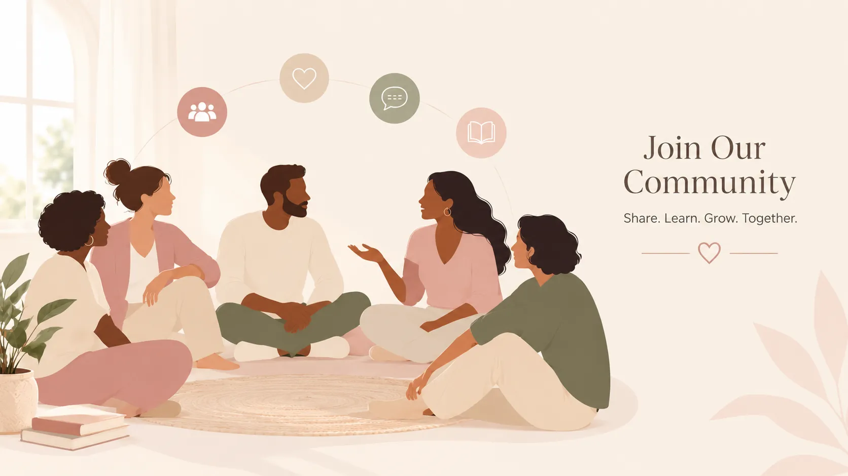 An illustration of five people sitting in a circle on the floor, talking together, with community icons above them.