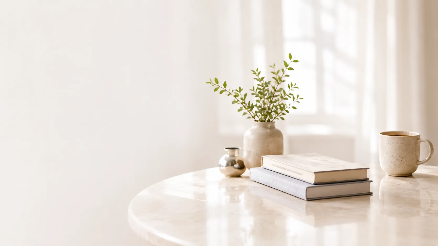 A stack of books, a small vase of greenery and a mug on a sunlit marble table.